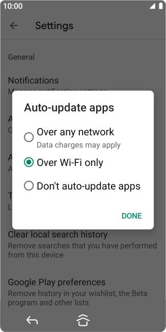 To turn on automatic update of apps using mobile network, press Over any network.