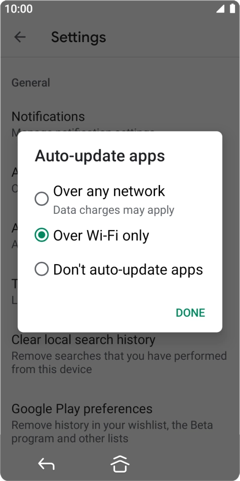 To turn on automatic update of apps using mobile network, press Over any network.