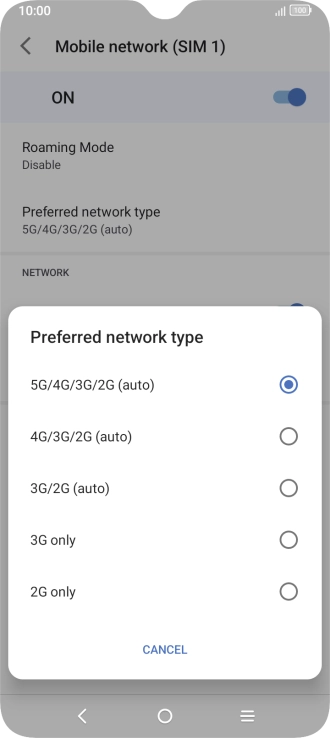 Press the required network mode.