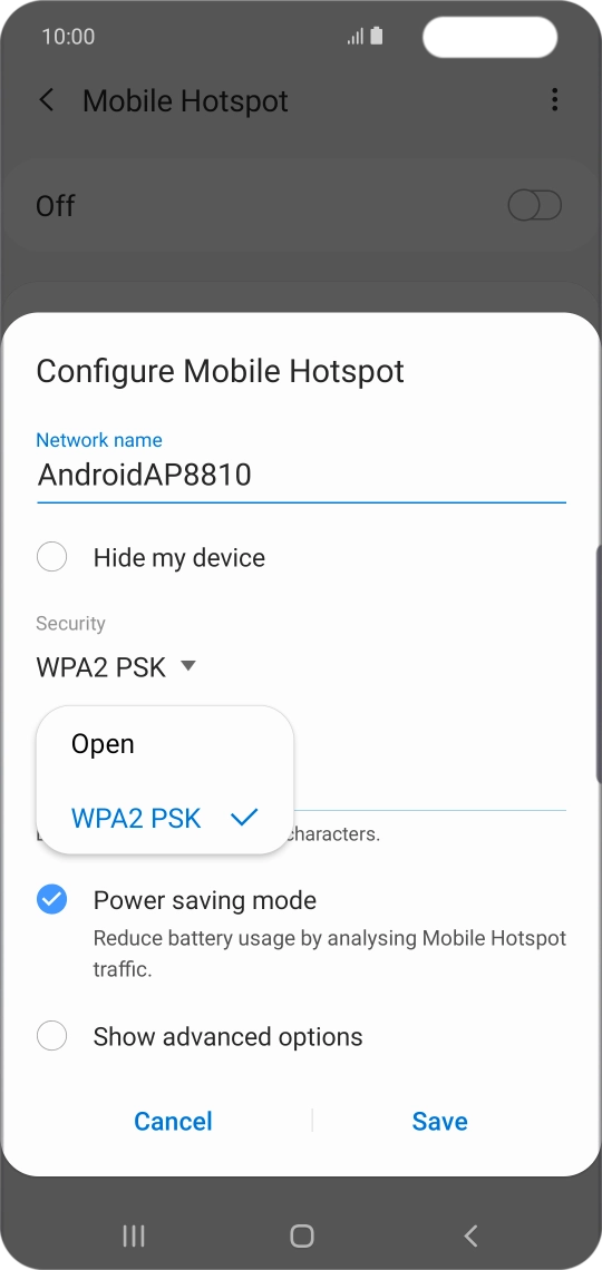 Press WPA2 PSK to password protect your Wi-Fi hotspot.