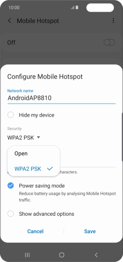 Press WPA2 PSK to password protect your Wi-Fi hotspot.