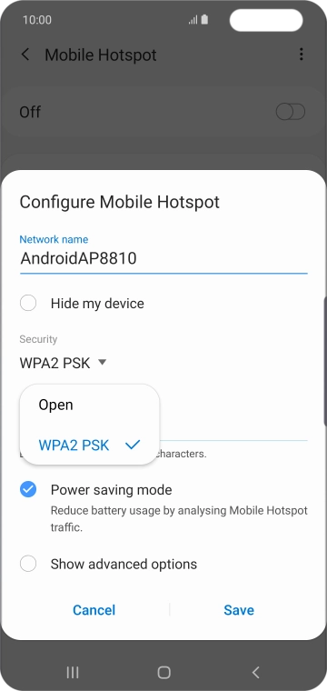 Press WPA2 PSK to password protect your Wi-Fi hotspot.