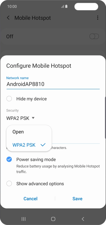 Press WPA2 PSK to password protect your Wi-Fi hotspot.