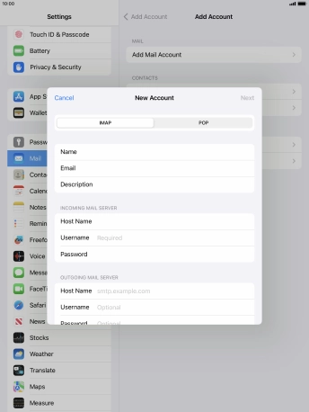 Press Username and key in the username for your email account.