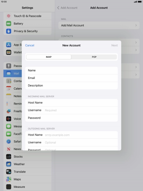 Press Username and key in the username for your email account.
