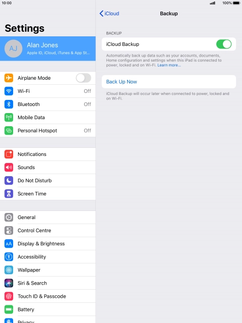 Press Back Up Now and wait while the tablet memory is backed up.