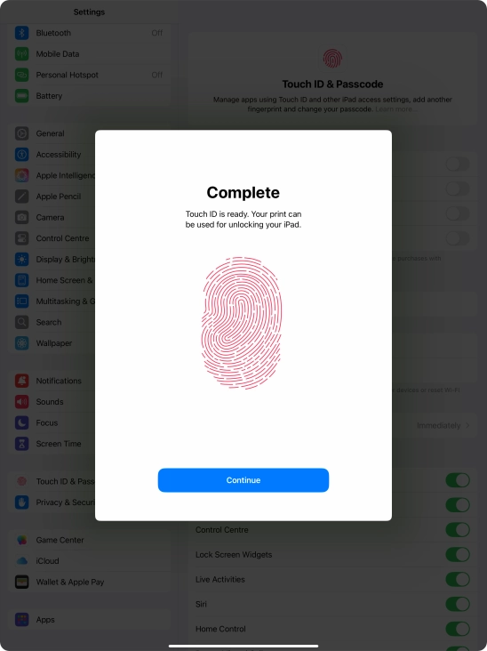Press Continue. If you haven't previously selected a lock code, key in a code of your own choice twice.