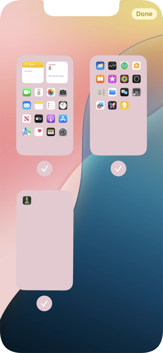 Press the fields below the required home screen pages to select or deselect them.
