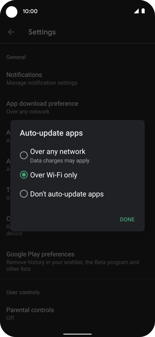 To turn on automatic update of apps using mobile network, press Over any network.