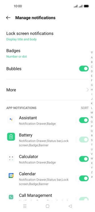 Press the indicators next to the required apps to turn the function on or off.