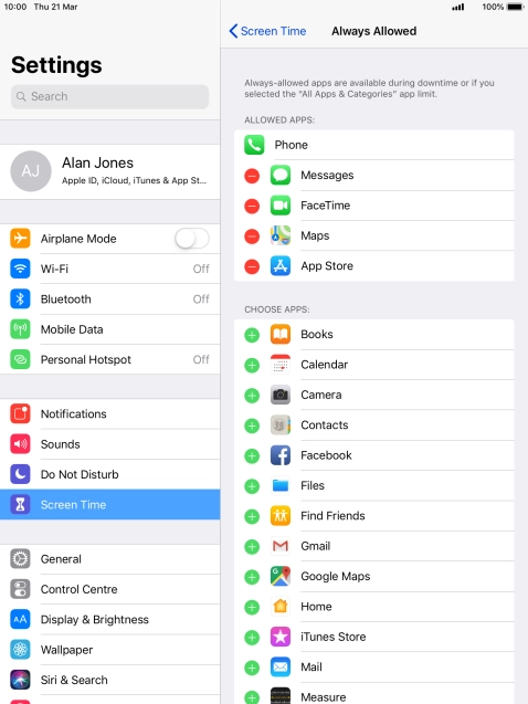Press the remove icon next to the required app to remove it from the list of allowed apps during Downtime.