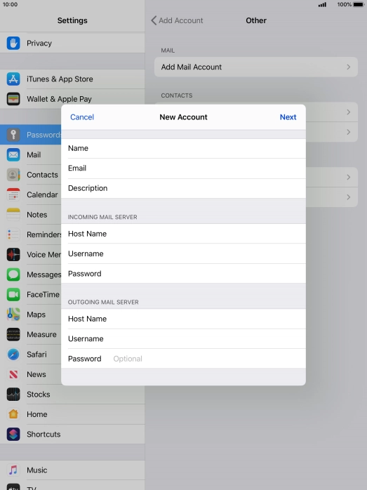 Press Password and key in the password for your email account.