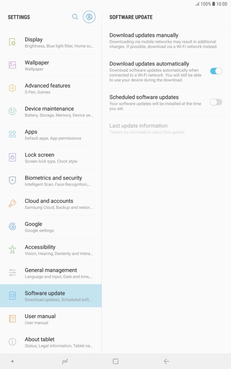 Press Download updates manually. If a new software version is available, it's displayed. Follow the instructions on the screen to update the tablet software.