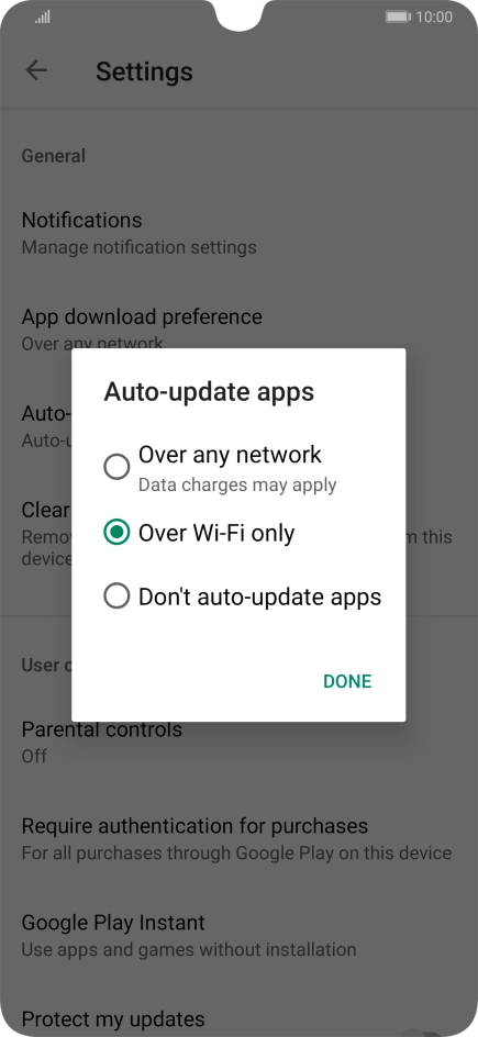 To turn on automatic update of apps using mobile network, press Over any network.