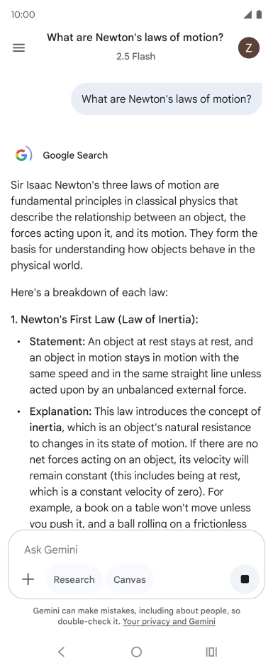 Transcription of the conversation with Gemini Live is now displayed.