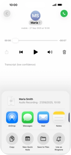 Press the required setting and follow the instructions on the screen to share or save the message.
