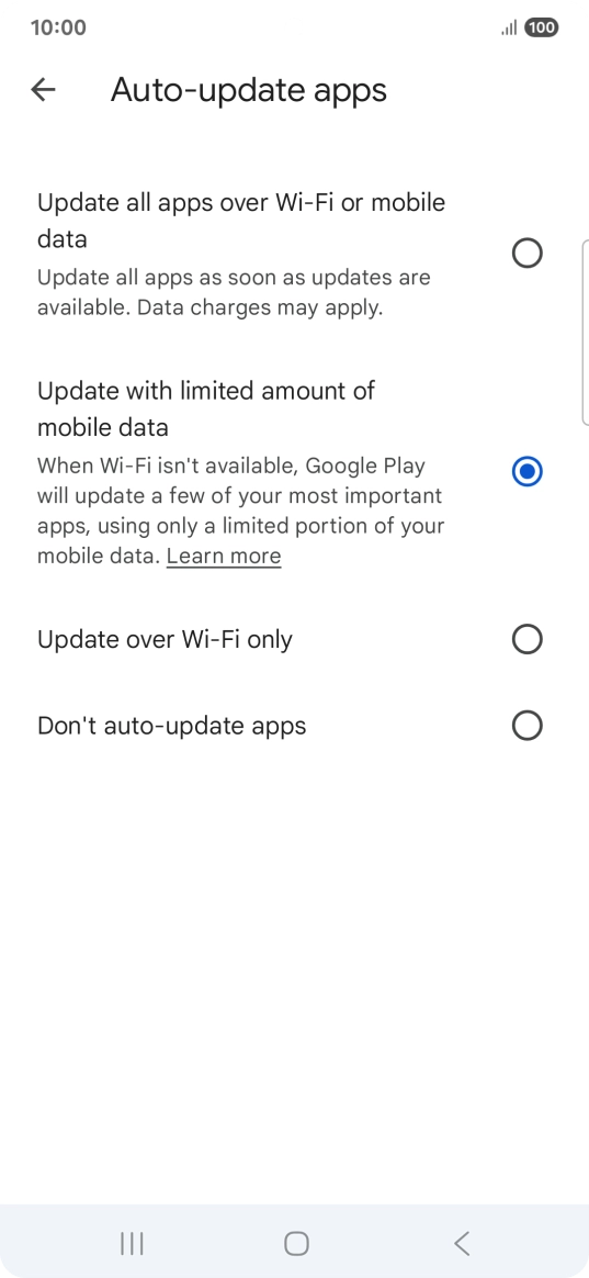 To turn on automatic update of apps using mobile network, press Update all apps over Wi-Fi or mobile data.