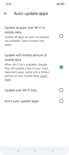To turn on automatic update of apps using mobile network, press Update all apps over Wi-Fi or mobile data.