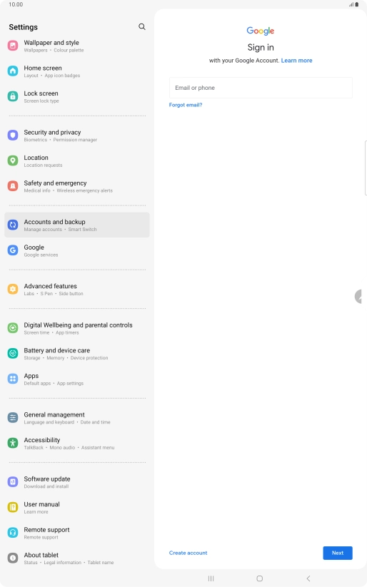 If you don't have a Google account, press Create account and follow the instructions on the screen to create an account.