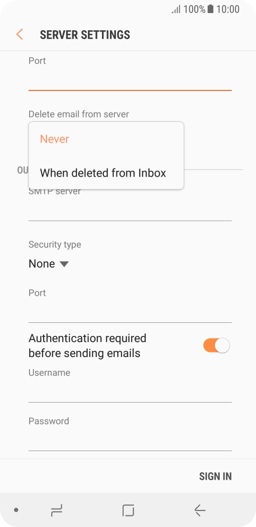 Press Never to keep email messages on the server when you delete them on your phone.