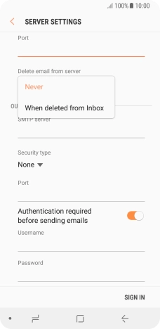 Press Never to keep email messages on the server when you delete them on your phone.