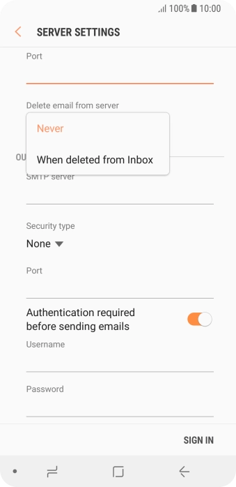 Press Never to keep email messages on the server when you delete them on your phone.