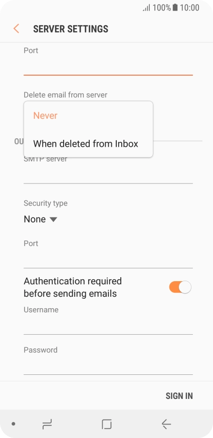 Press Never to keep email messages on the server when you delete them on your phone.