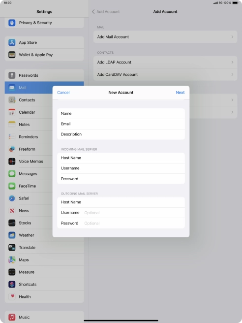 Press Username and key in the username for your email account.