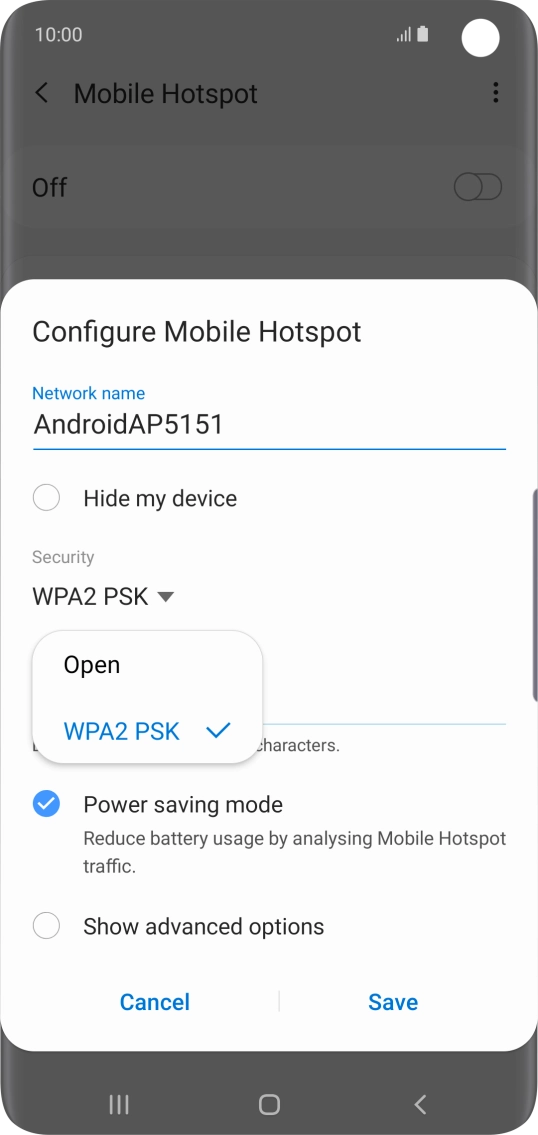 Press WPA2 PSK to password protect your Wi-Fi hotspot.