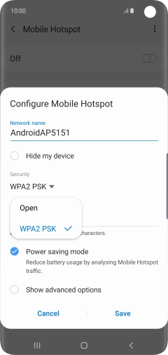 Press WPA2 PSK to password protect your Wi-Fi hotspot.