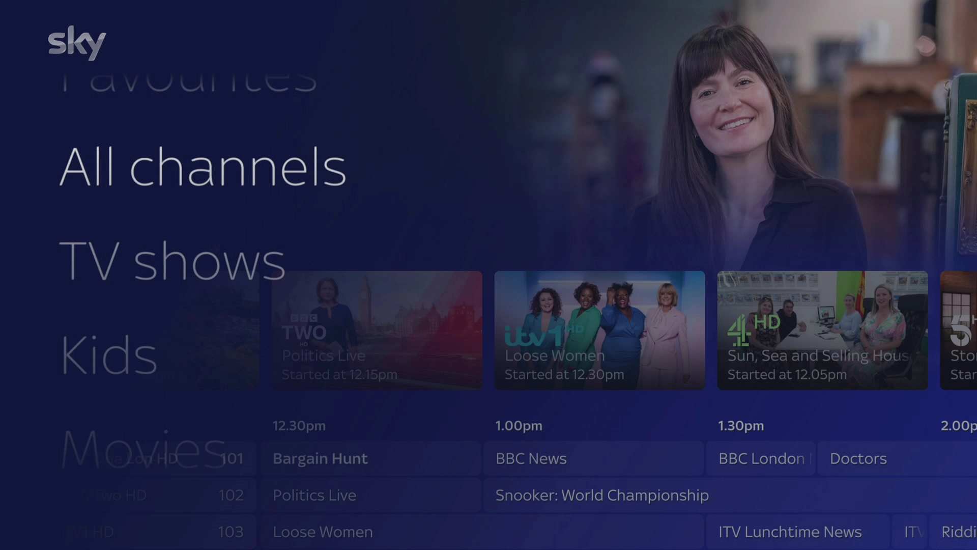 Select All channels to open the list of TV programmes. Select the required TV channel.
