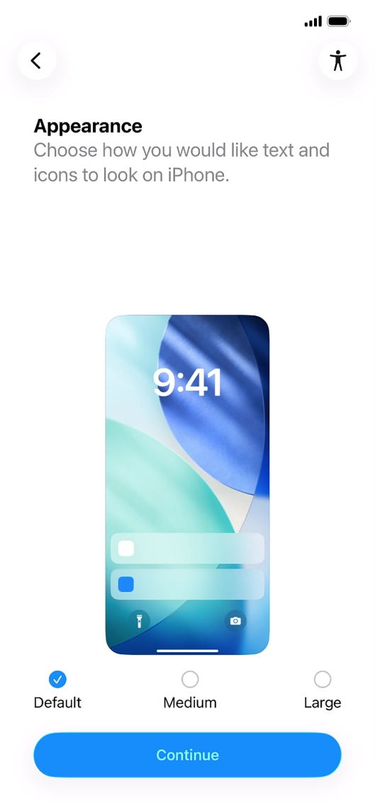 Select the required text and icon size on your phone and press Continue.