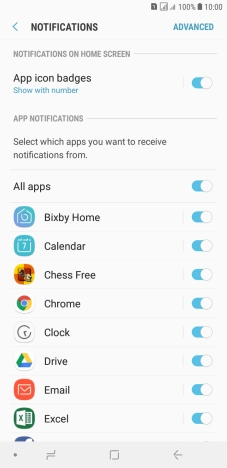 Press the indicator next to the required app to turn the function on or off.