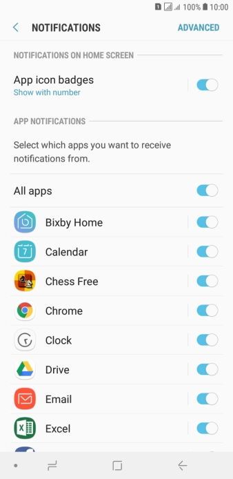 Press the indicator next to the required app to turn the function on or off.