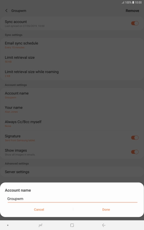 Key in the required name for the email account and press Done.