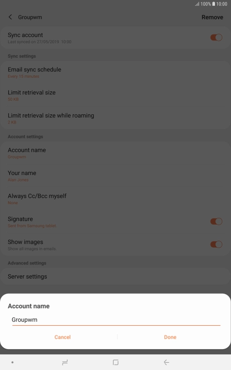 Key in the required name for the email account and press Done.