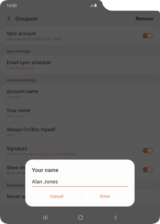 Key in the required sender name and press Done.