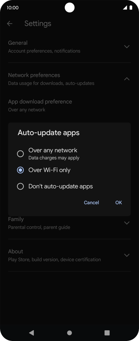 To turn on automatic update of apps using mobile network, press Over any network.