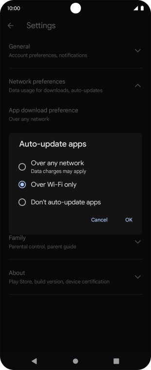 To turn on automatic update of apps using mobile network, press Over any network.