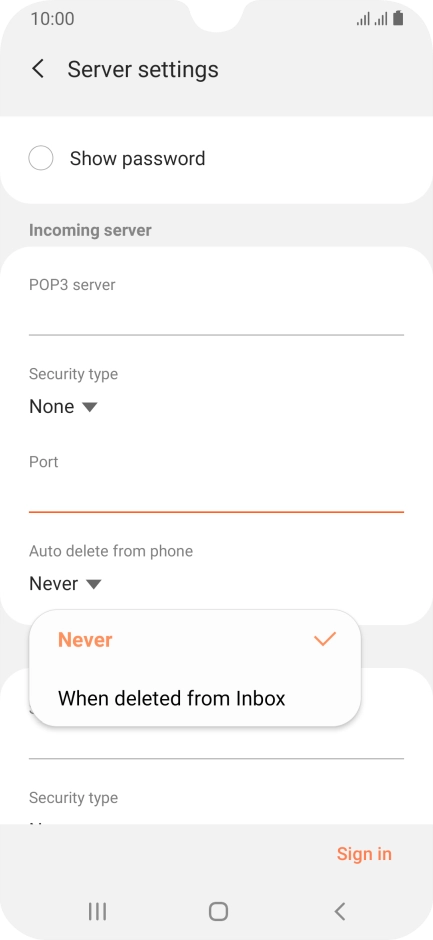 Press Never to keep email on the server when you delete them on your phone.