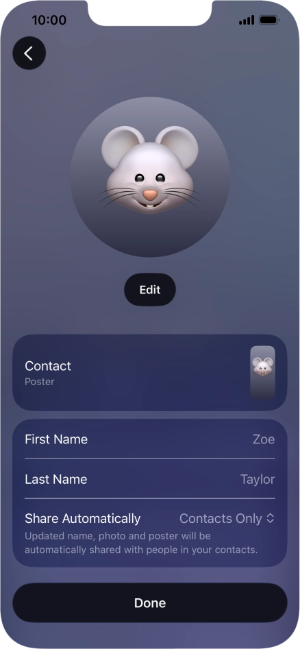 Press the name fields and follow the instructions on the screen to edit your name on the Contact Poster.
