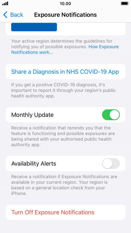 Press Turn Off Exposure Notifications.