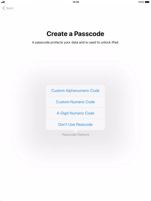 Follow the instructions on the screen to turn on use of lock code or press Don't Use Passcode.