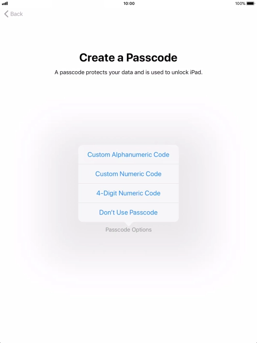Follow the instructions on the screen to turn on use of lock code or press Don't Use Passcode.