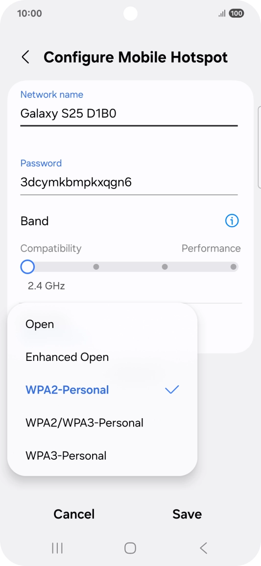 Press WPA3-Personal to password protect your Wi-Fi hotspot.