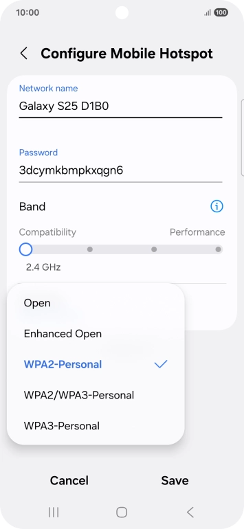 Press WPA3-Personal to password protect your Wi-Fi hotspot.