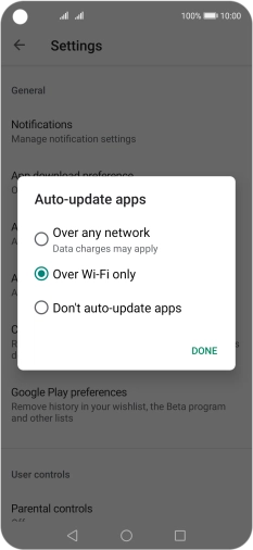 To turn on automatic update of apps using mobile network, press Over any network.