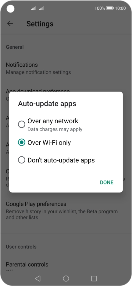 To turn on automatic update of apps using mobile network, press Over any network.