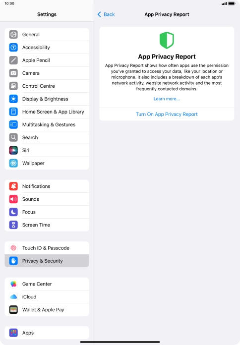 Press Turn On App Privacy Report to turn on the function.