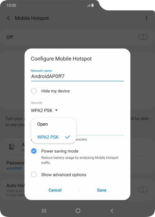 Press WPA2 PSK to password protect your Wi-Fi hotspot.